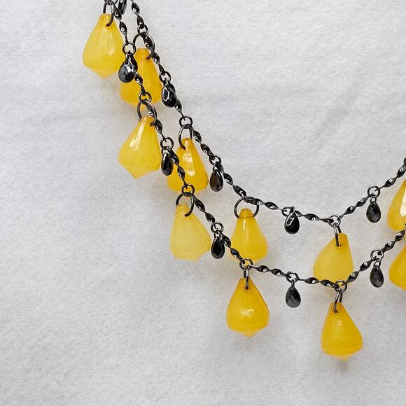 Yellow Statement Necklace Faceted Lemon Drop Dangle Charm Layered Gunmetal Chain - Picture 3 of 7